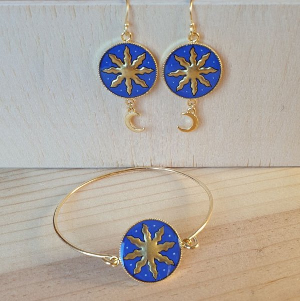 Boucles d'oreille pendantes soleil et lune or