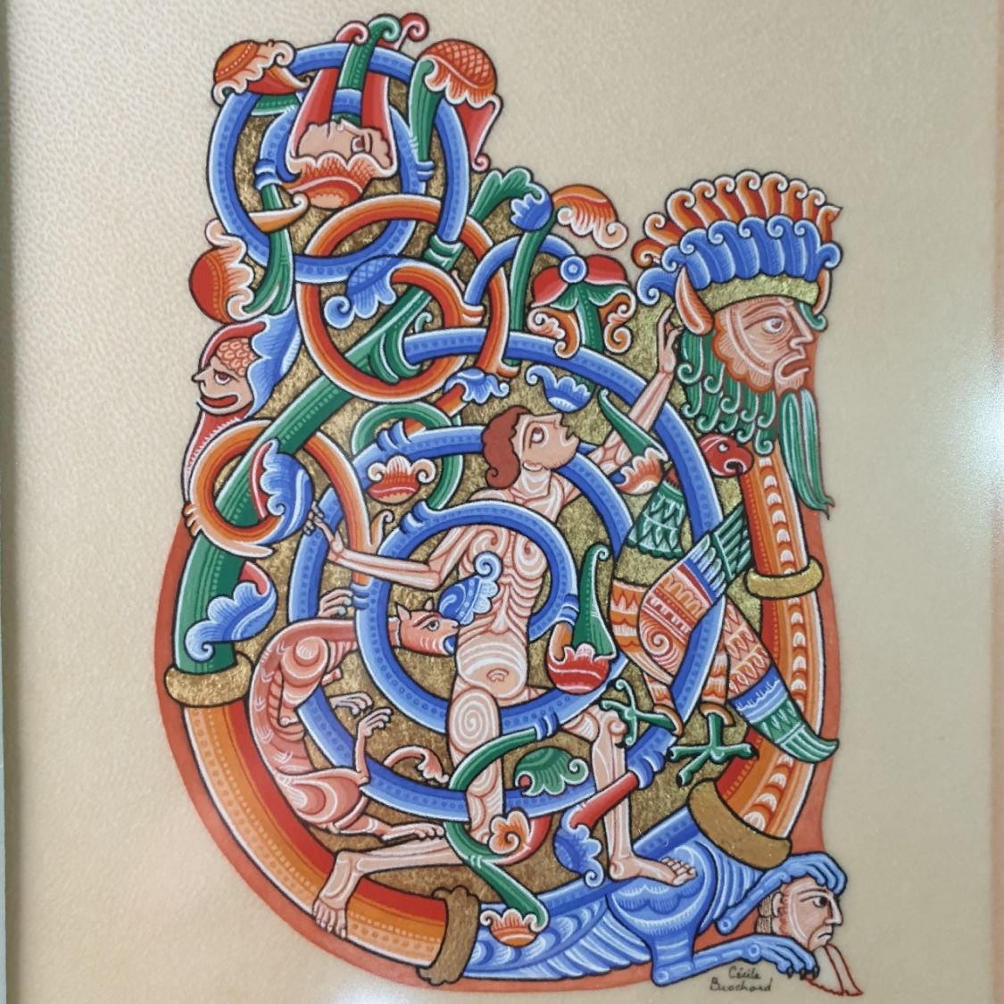 Romanesque illuminated bokstav U inramad