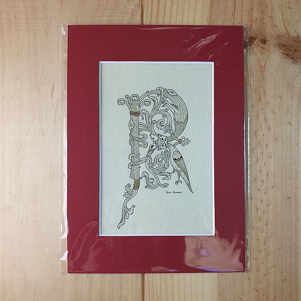 Bokstaven R i romansk stil med ljusskrift