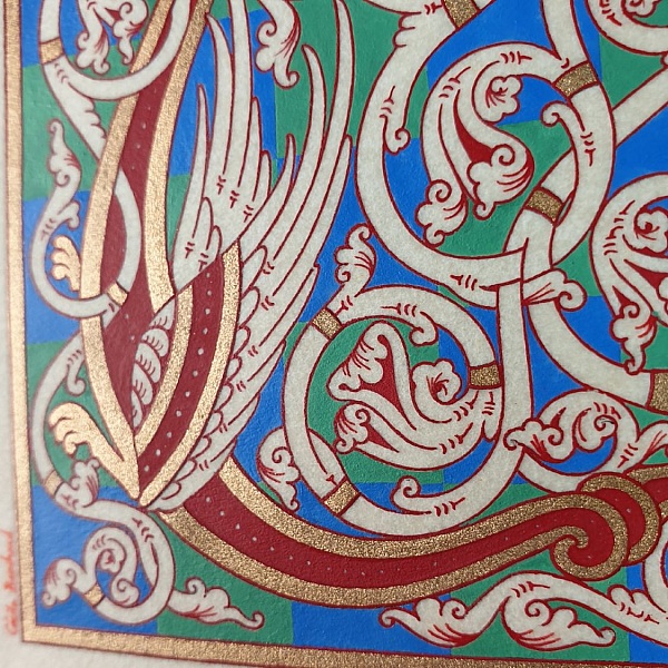 Bokstaven L i romansk stil, med ljus.