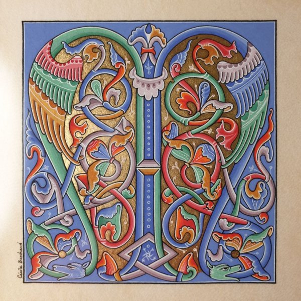 Romanesque illuminated bokstav M inramad