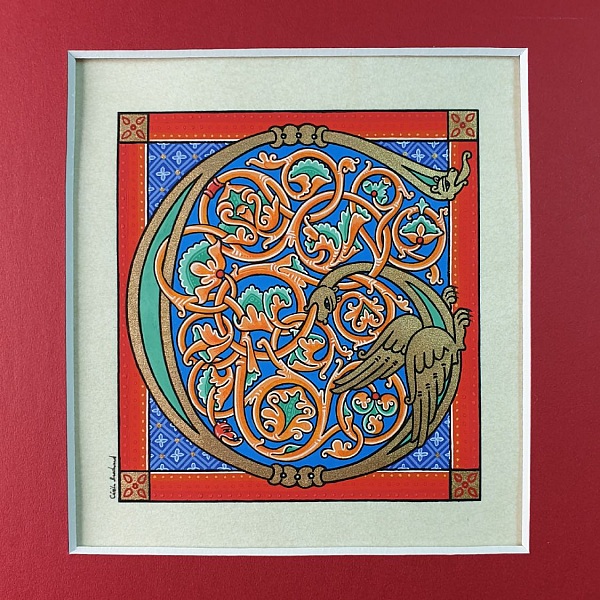 Bokstaven G i romansk stil med ljusskrift